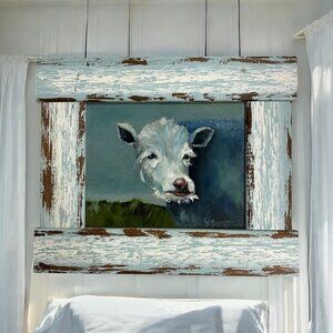 Wall Art Signed Framed Cow Oil Painting Rustic Shabby Chic Blue Distressed Frame